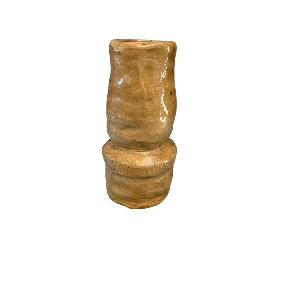 Small Brown Ceramic Artist Art Pottery Handle Bud Vase Artist Signed OOAK